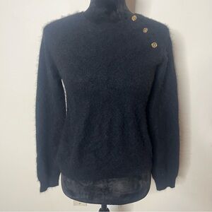 Ralph Lauren Women’s Black Fuzzy Cashmere Crewneck Gold Buttons Knit Sweater L